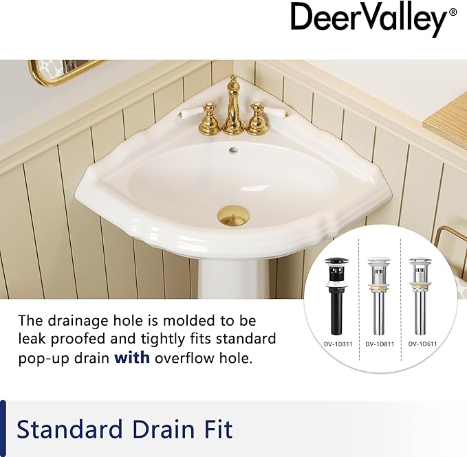 DeerValley White Triangle Corner Pedestal Sink with Overflow, Space-Saving Ceramic Bathroom Sink for Small Spaces and Corner Installation