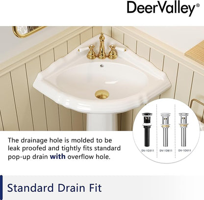 DeerValley White Triangle Corner Pedestal Sink with Overflow, Space-Saving Ceramic Bathroom Sink for Small Spaces and Corner Installation