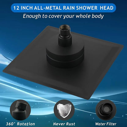Voolan Rain Shower Head with Filtered - High Flow Bathroom Rainfall Filter Showerhead For Hard Water, Upgraded 304 Stainless Steel Construction (12"Square, Matte Black)
