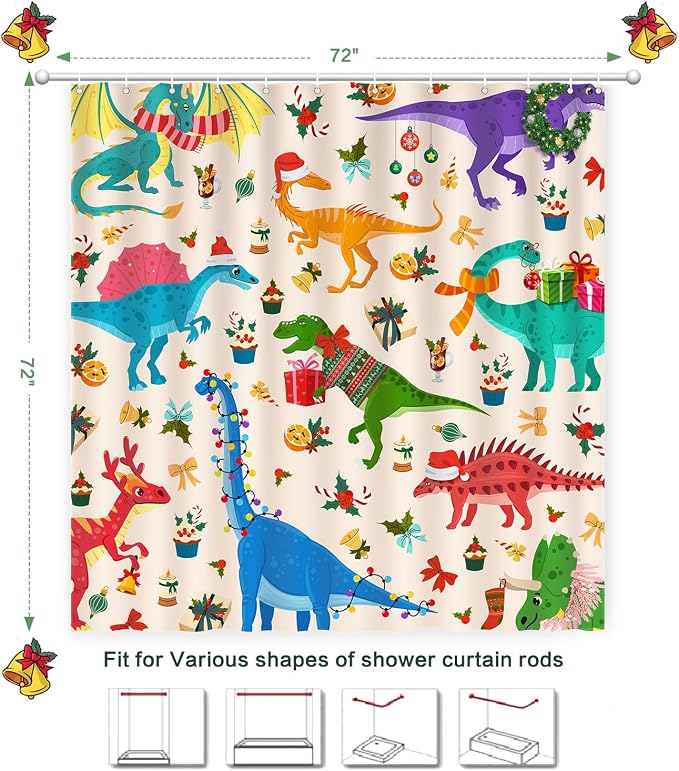 Shower Curtain Christmas, Kids Shower Curtain Santa's Hat Dinosaur Party Gift Box Cake Candy Jingling Bell String Light Xmas Theme Machine Washable Home Farmhouse Waterproof Decor Bathroom Curtain