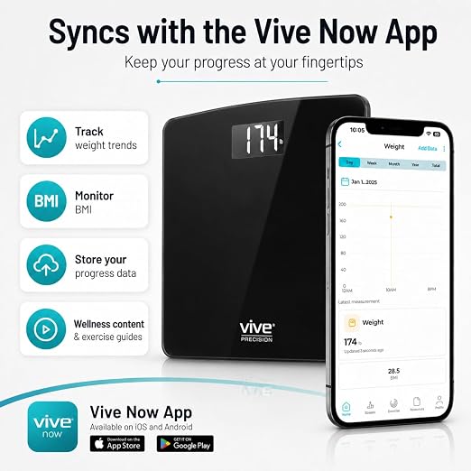 Vive Smart Body Weight Scale (550lbs Capacity) - Heavy Duty Bariatric Digital Scale for BMI - Plus Size, Large Display - Bathroom Device for Health Extra Wide Base & Smartphone Connectivity