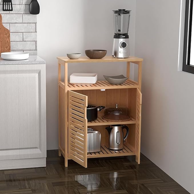 Bamboo Bathroom Storage Cabinet with 2 Doors, Bathroom Floor Freestanding Cabinets Organizer for Living Room, Kitchen, Entryway