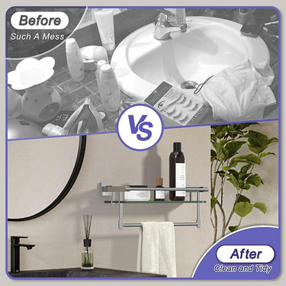 Glass Shelf for Bathroom 16 in Bathroom Shelves with Towel Bar Tempered Glass Shelves with Stainless Steel Towel Holder for Wall (Chrome Polished)