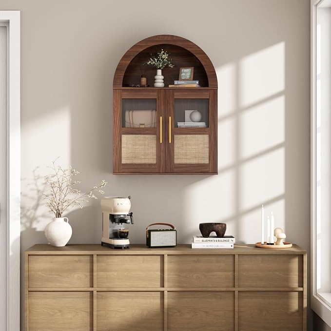 RUSTOWN Arched Bathroom Wall Cabinet with 2 Glass & Rattan Doors | Rattan Medicine Cabinet, Farmhouse Over the Toilet Storage Cabinet, Adjustable Shelves, 3-Tier Wall Mounted Cabinets