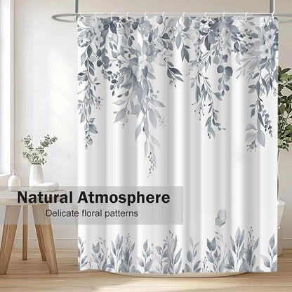 Light Grey Floral Eucalyptus Shower Curtain with Hooks, 72x78 Inch | Waterproof Fabric, Watercolor Leaves and Floral, Botanical Style, Machine Washable, Quick-Drying, for Hotel Bathroom
