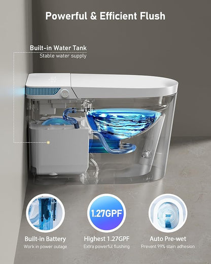Smart Toilet with Bidet Built-in: Bidet Toilet with 5L Tank, Dual Flush | Auto Flush Lid&Seat, Powerful Modern Toilet with Instant Warm Water, Dryer, Foot Sensor, Foam, Heated Seat, UV-C Night Light