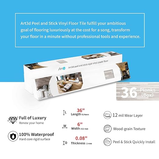 Art3d 36-Pack Wood Texture Peel and Stick Vinyl Flooring Tiles, Brown Stone | 18 & 54 sq.ft Options, Rigid Surface Hard Core, Waterproof, Self-Adhesive, Impact Resistant, Fit Indoor Household Spaces