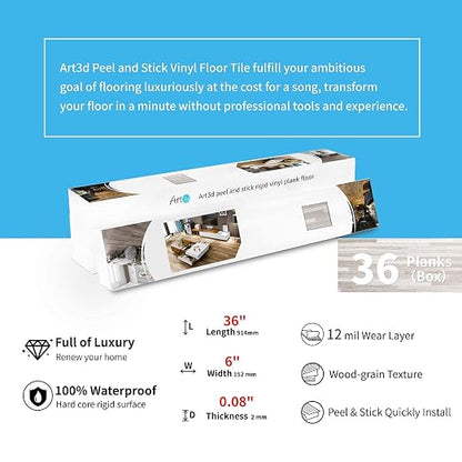 Art3d 36-Pack Wood Texture Peel and Stick Vinyl Flooring Tiles, Brown Stone | 18 & 54 sq.ft Options, Rigid Surface Hard Core, Waterproof, Self-Adhesive, Impact Resistant, Fit Indoor Household Spaces
