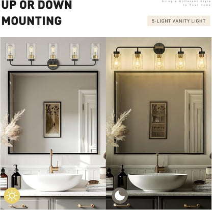 zeyu 36.5 Inch Modern Vanity Lights Over Mirror with Clear Glass Shade, 5-Light Bathroom Light Fixtures for Bathroom, Bedroom, Hallway, Black and Gold Finish, ZS62B-5W BK+BG