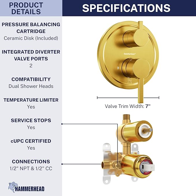 HammerHead Showers Solid Metal Two-Handle Shower Valve and Trim Kit, Volume and Temperature Control with Integrated Diverter, Pressure Balance Rough-In Valve Included, Brushed Gold