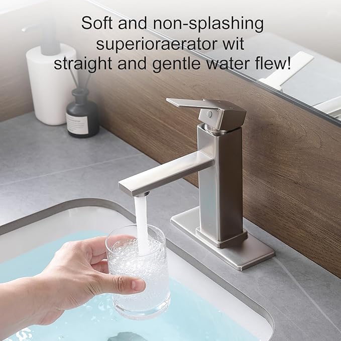 Brushed Nickel Bathroom Faucet YXOCVIR Single Hole with Pop-up Drain Single Handle Bathroom Faucet Suitable for Vanity Sinks RV Suitable for 1 or 3-Hole Installation