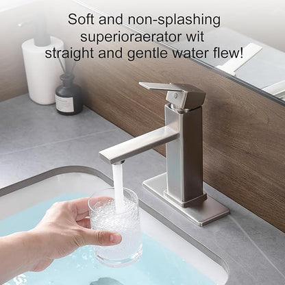 Brushed Nickel Bathroom Faucet YXOCVIR Single Hole with Pop-up Drain Single Handle Bathroom Faucet Suitable for Vanity Sinks RV Suitable for 1 or 3-Hole Installation