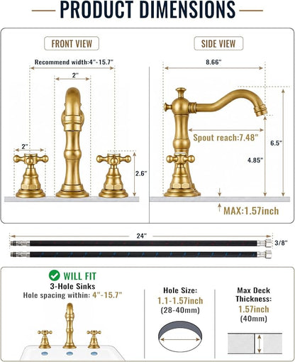 gotonovo Bathroom Faucet 3 Hole Vintage, Antique Brass, H C Label | Widespread Bathroom Sink Faucet 8 Inch 2 Cross Handles,Pop Up Drain,cUPC Supply Line,4-15.7” Install,for Vanity Farmhouse RV