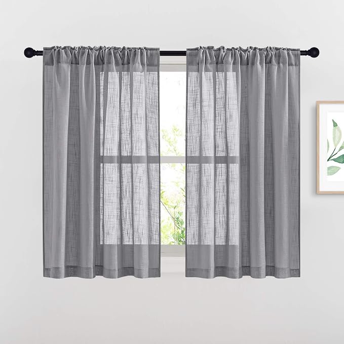 NICETOWN Bathroom Window Curtains 45 inch Length, Natural Linen Textured Rod Pocket & Back Tab Semi Sheer Short Curtains Privacy with Light Through for Bedroom/Living Room, 52" Wide, Grey