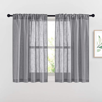 NICETOWN Bathroom Window Curtains 45 inch Length, Natural Linen Textured Rod Pocket & Back Tab Semi Sheer Short Curtains Privacy with Light Through for Bedroom/Living Room, 52" Wide, Grey