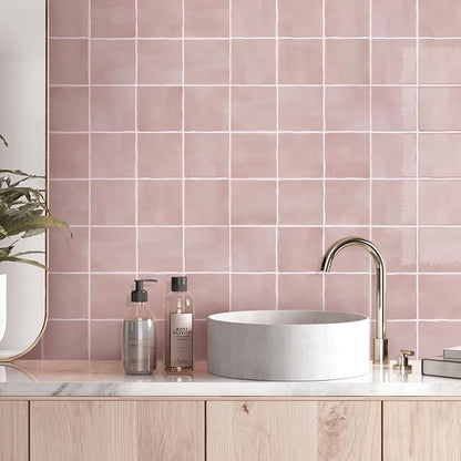 Thicker 3D Peel and Stick Backsplash Tiles, 10 Pcs 12" x 12" | Pink, Glossy Self Adhesive Backsplash Wall Sticker for Renter Friendly Bathroom DIY Wall Makeover, Cover 10 sq ft，Removable