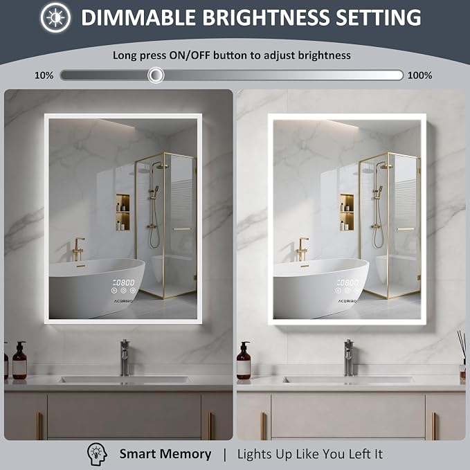 ACEMIRO 24"×32" Bathroom Medicine Cabinet with Mirror, Surface or Recessed Lighted Medicine Cabinet, 3-Color Dimmable Lights, Defogger, Bathroom Mirror with Outlet, Clock&Temp Display, Door Left Open
