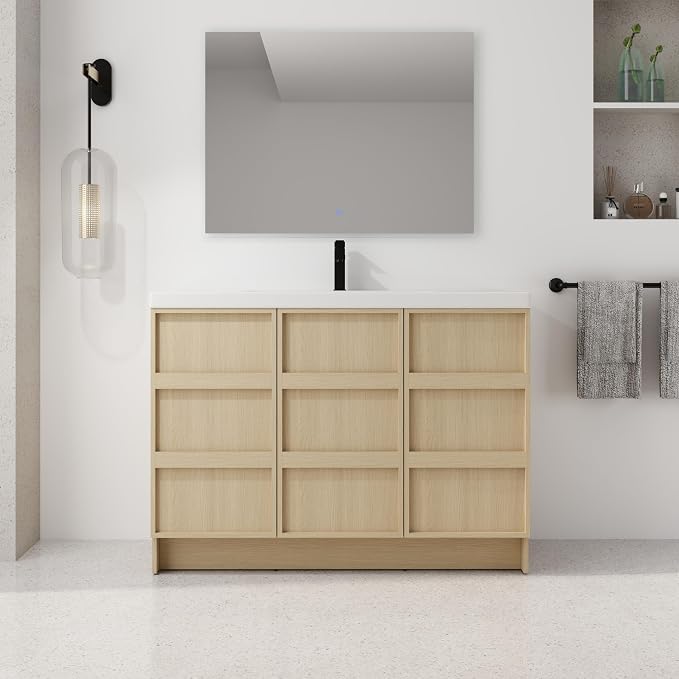 48-Inch Bathroom Vanity with Sink Mid-Century Bathroom Vanities with Top Basin Floor Wood Bathroom Sink Cabinet with Soft-Close Doors & Adjustable Storage Shelves (Oak)
