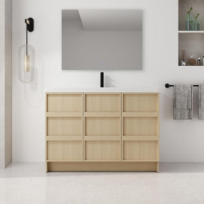 48-Inch Bathroom Vanity with Sink Mid-Century Bathroom Vanities with Top Basin Floor Wood Bathroom Sink Cabinet with Soft-Close Doors & Adjustable Storage Shelves (Oak)