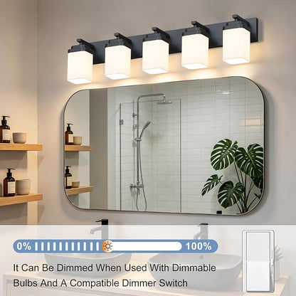 Matte Black Bathroom Light Fixtures, 5 Lights Bathroom Lighting Fixtures Over Mirror, Square Design & Rectangle Large Backplate, Modern Vanity Lighting Fixtures, for Living Room/Bedroom