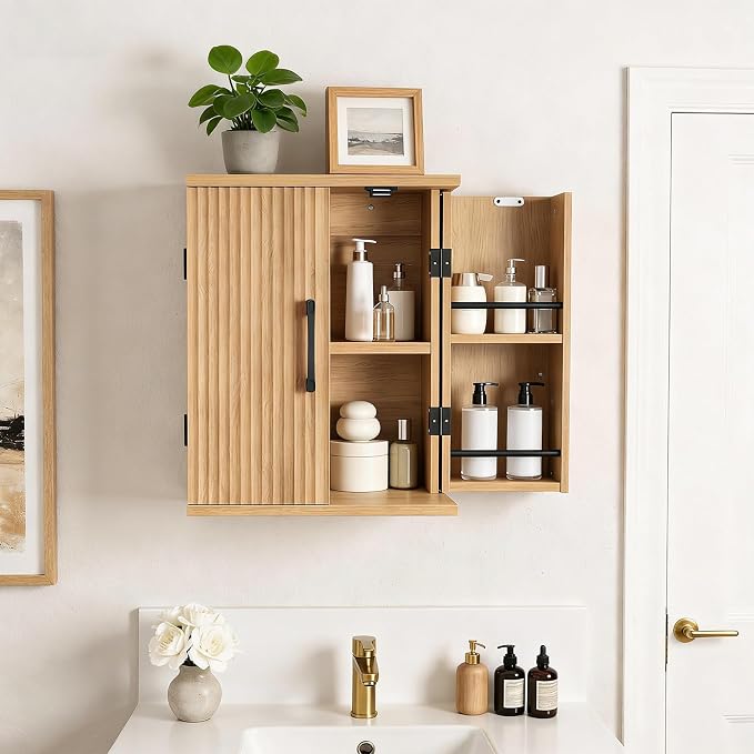 Bathroom Wall Cabinet, Medicine Cabinet Wall Mounted, Over The Toilet Storage Cabinet, Fluted Cabinet with 2 Doors, for Bathroom, Kitchen, Laundry Room, Natural