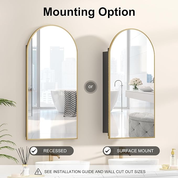 Recessed Medicine Cabinet Mirror,Brushed Gold Arched Bathroom Medicine Cabinet with Mirror,Metal Edge Mirrored Medicine Cabinets for Bathroom,in Wall Mirrored Cabinets with Storage 16x31