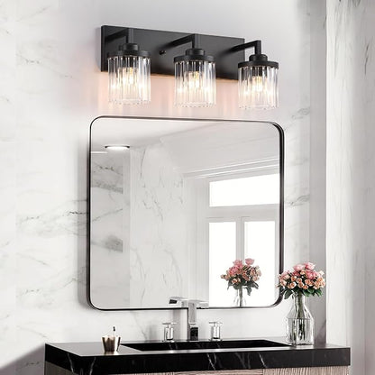 3-Light Black Bathroom Vanity Light, Crystal Glass Shades | Modern Wall Lighting Fixtures Over Mirror, for Bathroom, Matte Black Finish, Rust-resistant Metal, Farmhouse Industrial Style