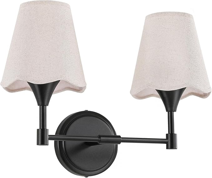 Black Bathroom Vanity Light Fixtures: Matte Black Vanity Lights Over Mirror with Flared Fabric Shade, Modern Bathroom Lighting Fixtures, 2 Light Wall Sconces Lighting for Bedroom Hallway Living Room