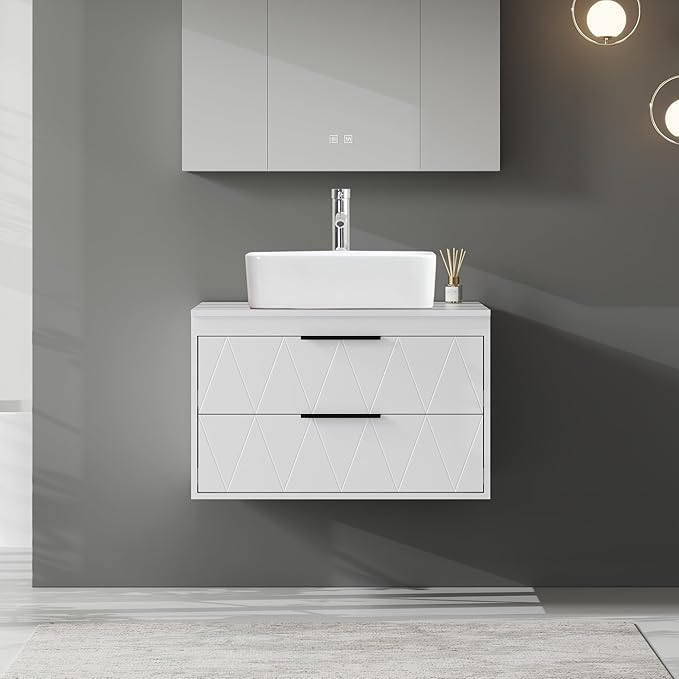 eclife 30" Floating Bathroom Vanities with Sink Combo, Wall Mounted Modern Cabinet W/Diamond Line Pattern Design, White Rectangle Ceramic Vessel Sink W/Water Save Faucet & Pop Up Drain, White