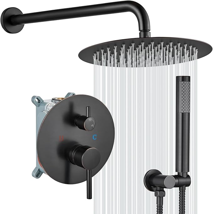 gotonovo Shower System 10 Inch Round Rainfall Showerhead Wall Mounted High Pressure Shower Faucet Set Fixture Combo with Rough in Valve and Cylindrical Handheld Spray, Oil Rubbed Bronze