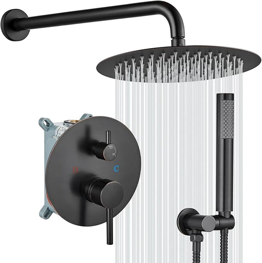 gotonovo Shower System 10 Inch Round Rainfall Showerhead Wall Mounted High Pressure Shower Faucet Set Fixture Combo with Rough in Valve and Cylindrical Handheld Spray, Oil Rubbed Bronze