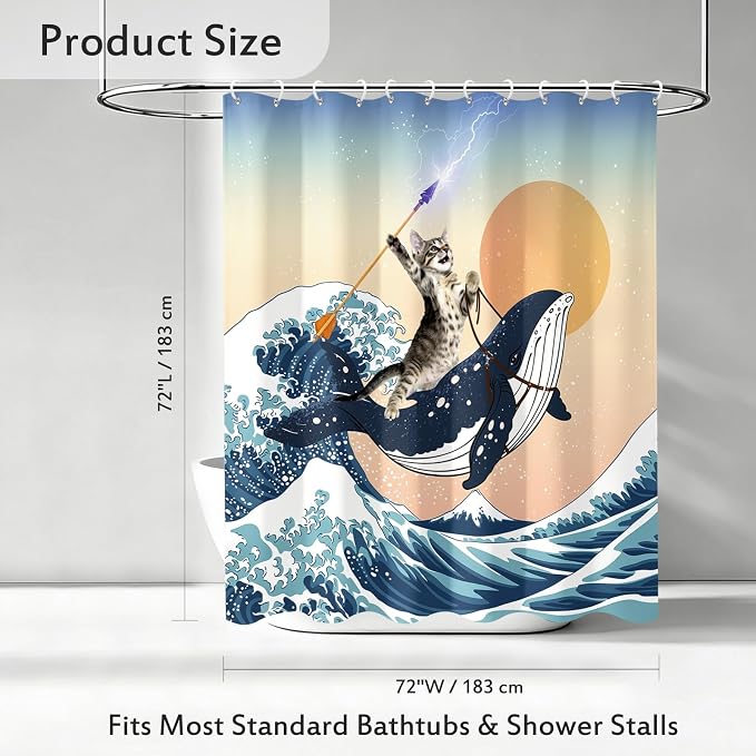 Aimego Funny Shower Curtain Brave Cat Holding Trident Riding Whale in Ocean Wave, Shark Cat Shower Curtain Set with 12 Hooks for Bathroom Decor Accessories Bathtub Curtain, 72"x72"
