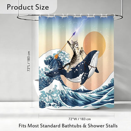 Aimego Funny Shower Curtain Brave Cat Holding Trident Riding Whale in Ocean Wave, Shark Cat Shower Curtain Set with 12 Hooks for Bathroom Decor Accessories Bathtub Curtain, 72"x72"