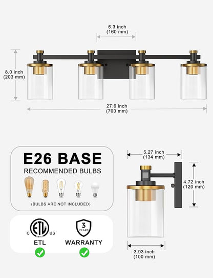Bathroom Light Fixture, Bathroom Vanity Light Over Mirror, 4-Lights | Vanity Lights for Bathroom, Modern Lighting Fixtures with Clear Glass Shade, Black and Gold Vanity Lights, ETL Listed
