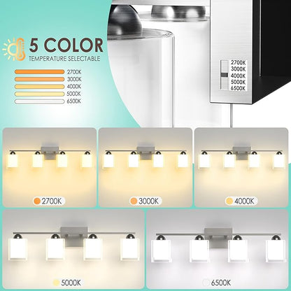 Quntis 4 Light Brushed Nickel Bathroom Light Fixtures, Modern Vanity Lights Over Mirror with 5 Colors & Stepless Dimmable, 27 Inch LED Bathroom Lighting with Milk White Frosted Glass (Bulbs Included)