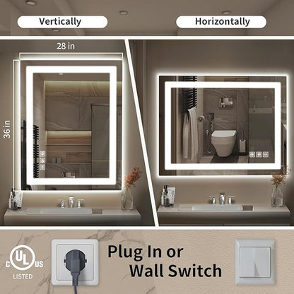 LED Mirror for Bathroom, 28x36 Inch Backlit + Front Lighted Bathroom Vanity Mirror with Lights for Wall, Double Light Strips, 3 Colors, Shatter-Proof, Anti-Fog and Brightness Memory