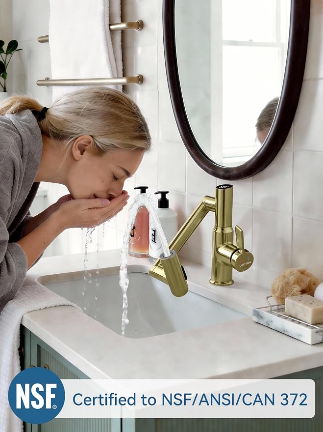 Rotatable Bathroom Faucet with Temperature Display in Fahrenheit (Batteries-Free), 3 Water Outlet Modes, Polished Gold, BF2204-5