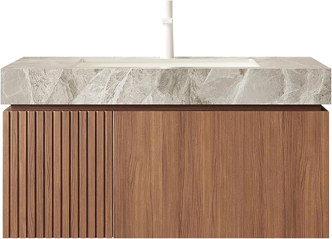 KEIKI 36 Inch Floating Bathroom Vanity with Sink, Modern Wall Mounted Storage Cabinet with Drawer, Pre-Assembled Waterproof Wood Panels, Sintered Stone Top & Ceramic Basin Combo Set, Brown Oak & Grey