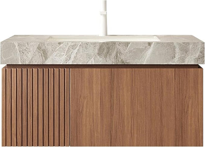 KEIKI 36 Inch Floating Bathroom Vanity with Sink, Modern Wall Mounted Storage Cabinet with Drawer, Pre-Assembled Waterproof Wood Panels, Sintered Stone Top & Ceramic Basin Combo Set, Brown Oak & Grey