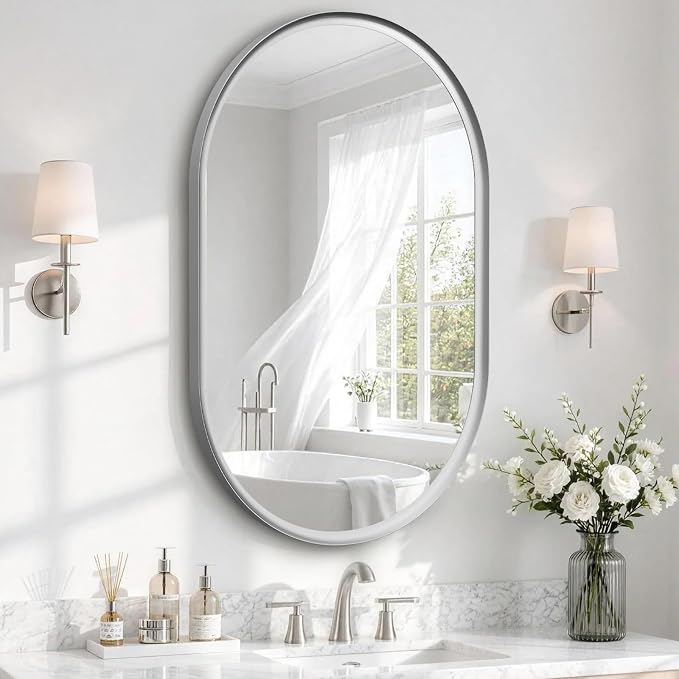 Brushed Nickel Pill Oval Mirror for Bathroom 24x36 Inch | Small Silver Vanity Mirror, HD Glass, Rust-Proof Aluminum Frame, Inner-Curved Decor for Bedroom, Entryway Renovation