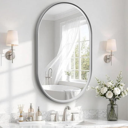 Brushed Nickel Pill Oval Mirror for Bathroom 24x36 Inch | Small Silver Vanity Mirror, HD Glass, Rust-Proof Aluminum Frame, Inner-Curved Decor for Bedroom, Entryway Renovation