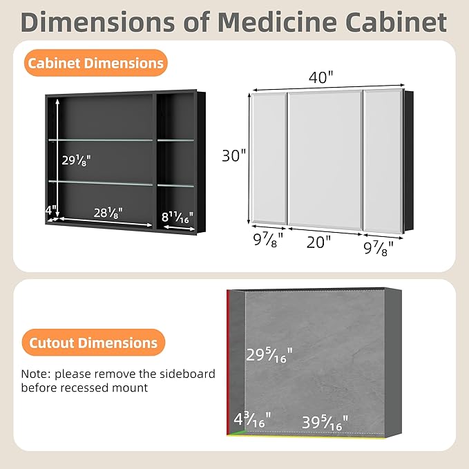40x30 Inch Medicine Cabinet with Mirror, Aluminum Bathroom Mirror Cabinet, Beveled Edge Mirrored Door, Adjustable Shelves, Surface or Recessed Mount Bathroom Mirrors with Storage, Triple Door,Black