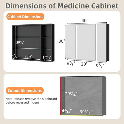 40x30 Inch Medicine Cabinet with Mirror, Aluminum Bathroom Mirror Cabinet, Beveled Edge Mirrored Door, Adjustable Shelves, Surface or Recessed Mount Bathroom Mirrors with Storage, Triple Door,Black