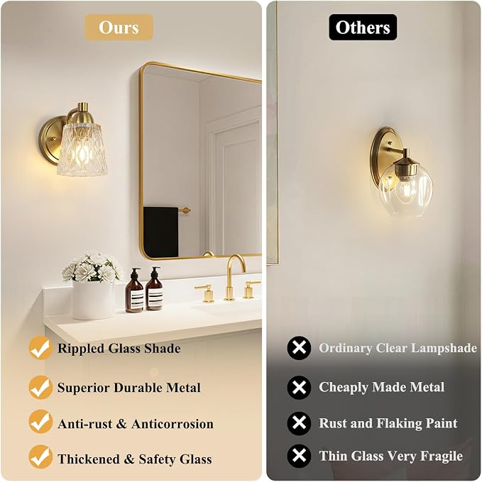 Mecgirn Stainless Steel Bathroom Vanity Light Over Mirror, 1 Light Brushed Gold Bathroom Light Fixtures with Textured Glass Shades, Modern Vanity Lighting Wall Mount