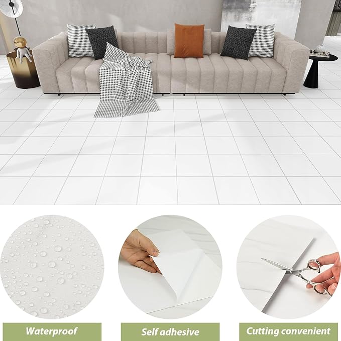 Lareko 20Sq.Ft White Marble Peel and Stick Vinyl Floor Tiles,20 Tiles - 12" x 12",Waterfproof and Self Adhesive Vinyl Sticker Tiles,Laminate Flooring for for Kichen,Bathroom,Dining Room(White)