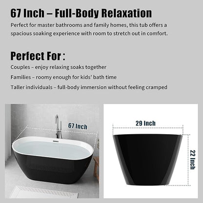 67" Acrylic Freestanding Soaking Bathtub, Free Standing Tub, Stylish Stand Alone Contemporary Soaking Tub with Integrated Overflow and Drain in Chrome, cUPC Certified