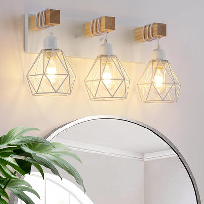 VbiTmn Bathroom Light Fixtures, 3 Light White Farmhouse Wood Vanity Lights | Rustic Design, Diamond Metal Shades, Easy to Install, Wall Sconces for Bathroom, Bedroom, Makeup Area, Over Vanity Mirror