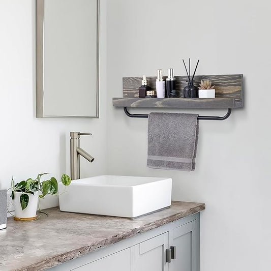 MyGift Bathroom Shelf with Towel Bar 22 Inch, Bath Towel Holder Rack Hanger, Wall Mounted Bathroom Display Storage Shelf, Vintage Weathered Gray Solid Wood with Industrial Metal Pipe