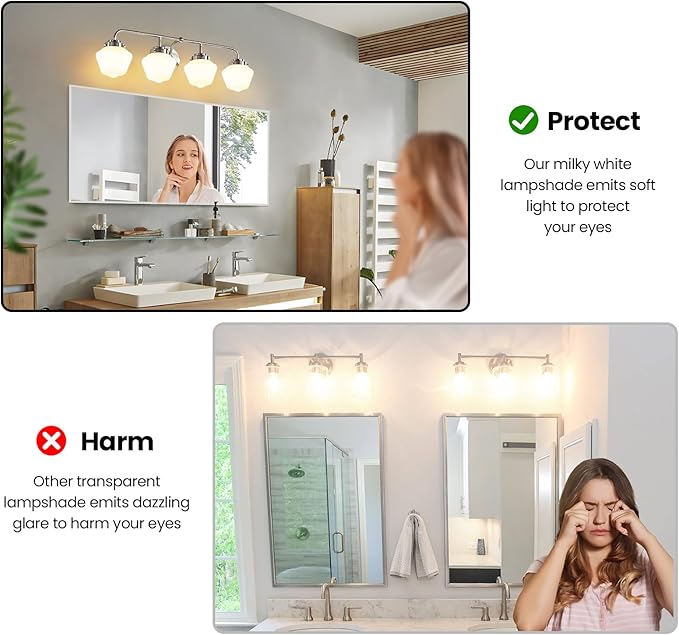 Bathroom Vanity Light Fixtures: 4-Lights Brushed Nickel Vintage Light Fixtures for Bathroom Above Mirror, Wall Lights Indoor with Frosted Milky Glass for Bath Bedroom