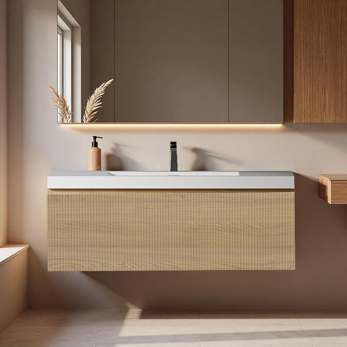 42" Bathroom Vanity with Sink, Floating Vanity with Resin Countertop & 1 U-Shaped Interiors, Wall-Mounted Bathroom Storage Cabinet with Soft-Close Drawers for Home, Easy to Clean, Wood